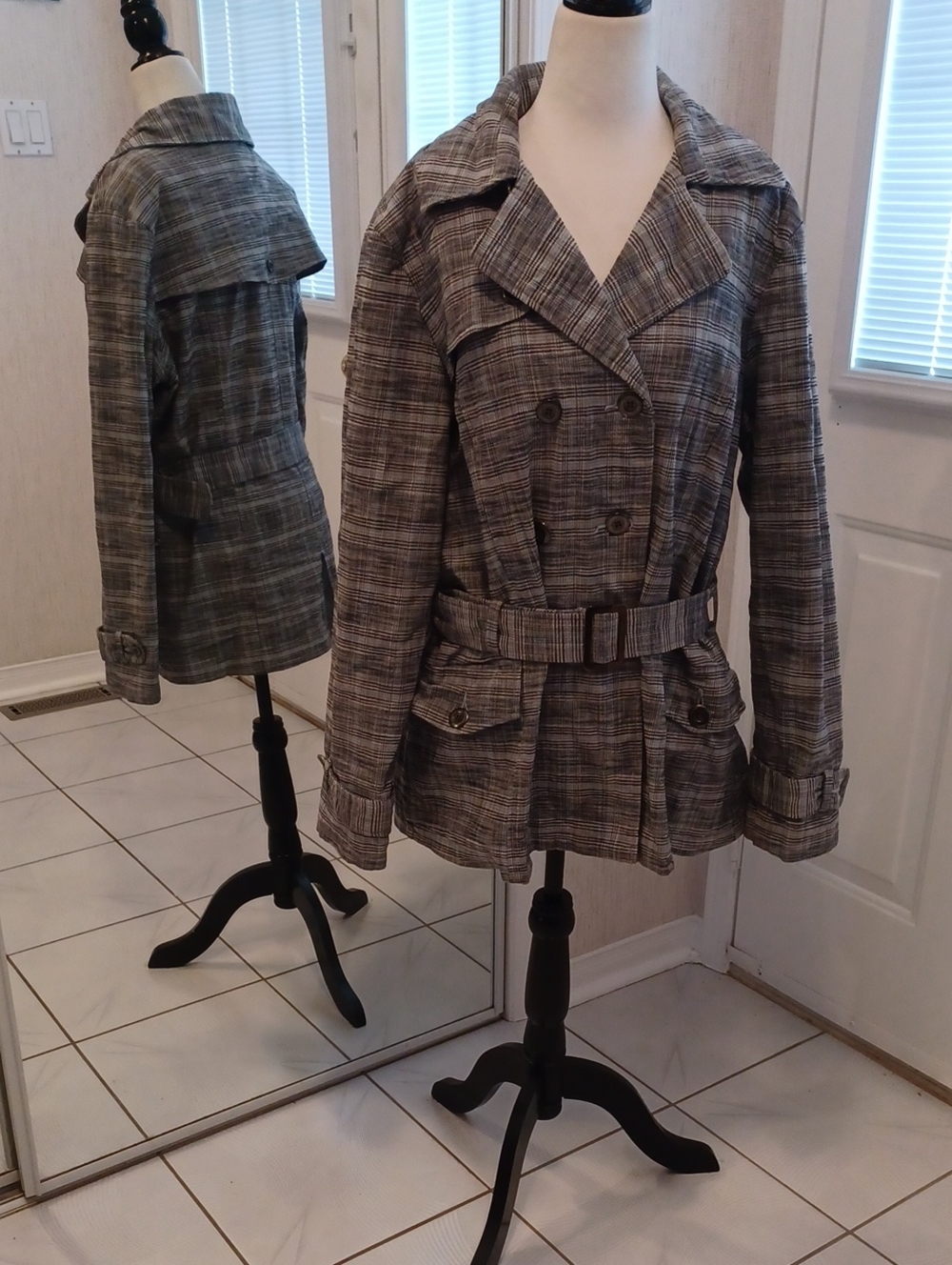 Classic Gray & Blue Plaid Trench Coat Jacket - Size XL